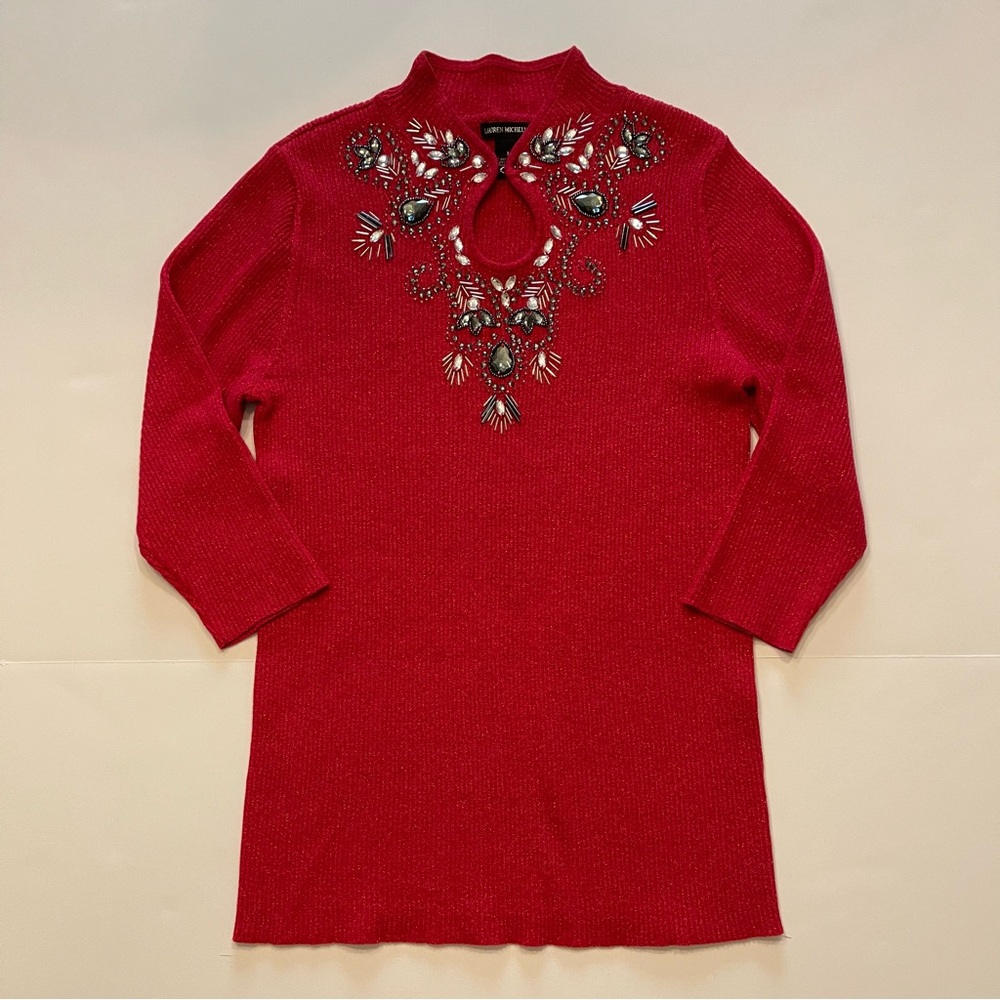 Lauren Michelle Red Metallic Beaded Rhinestone Keyhole Neck Holiday Sweater Top